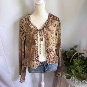 Y2K Whimsical‎ Brown Animal Print Ruffle Tie Front Cardigan Top Size 10